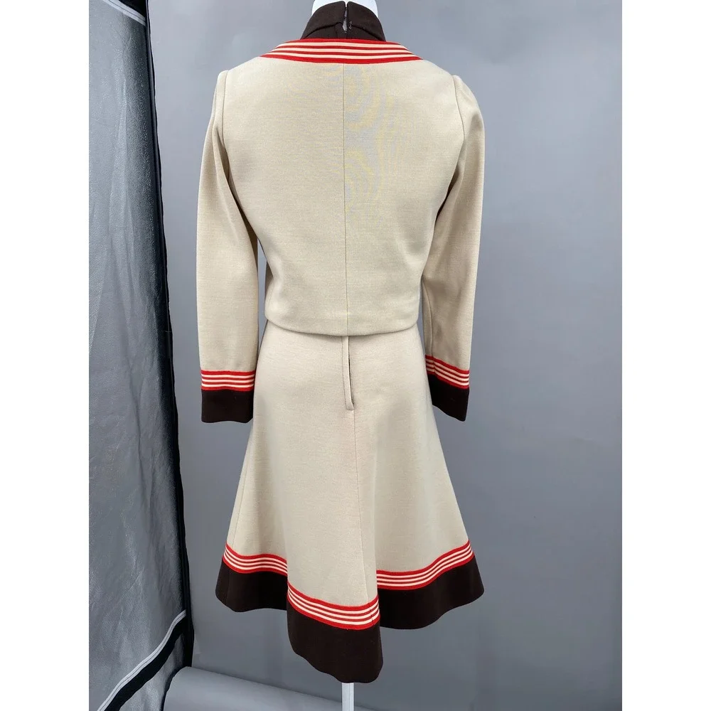 Vintage 70s Knit Dress Jacket Set Cream Chocolate Brown Mod A-Line Midi S/M